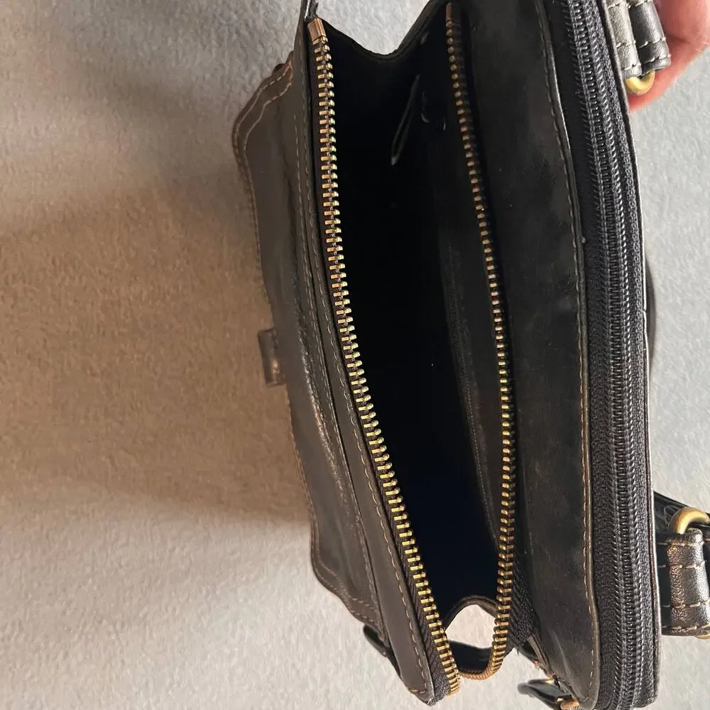 VTG Fossil Leather Shoulder Bag Black Unisex Minimalist Organizer Purse Retro